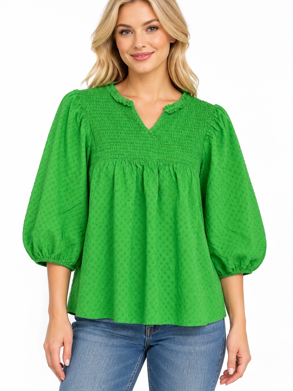 Michelle McDowell Size Large Smocked V-Neck Peasant Blouse - Green